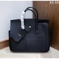 【MiyaBag】Desordre Togo Leather Splicing Handbag Platinum Bag, Black, 30cm