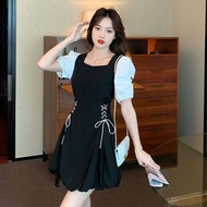 Butterfly Lace Up Waist Show Thin Dress French Womens Design Sense Square Neck Bubble Sleeve Persona