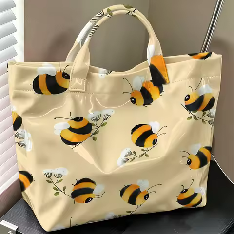 Bumblebee Ditsy Cute Large Glossy PVC Tote Bag Hand Washable Lightweight Soft Great for Travel Commu