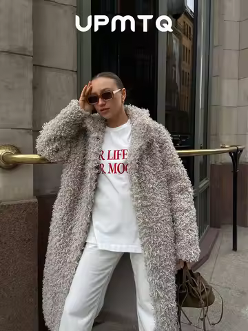 Gray Wool Faux Fur Shearling Long Coat for Women Winter 2025 Winter Fashion Trendy Teddy Maxi Coat M