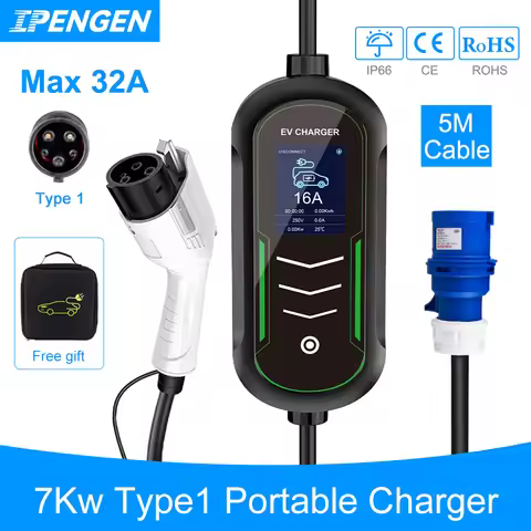 IPENGEN Type1 j1772 Socket 32A 7KW 1Phase Portable EV Charger Wallbox 5M Cable EVSE Portable Chargin