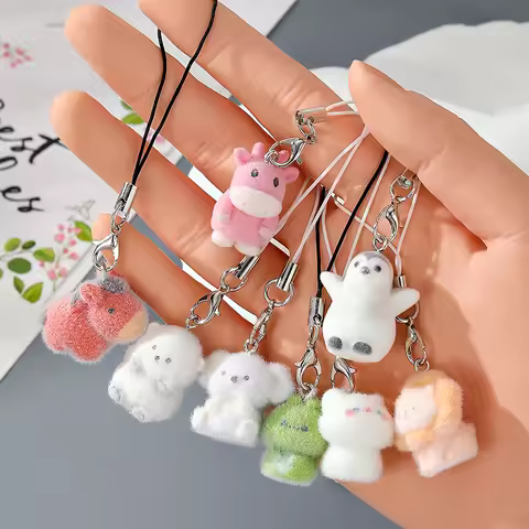 Flocking Penguin Hippopotamus Animal Keychains Phone Lanyard Resin Cute Tiger Beaver Bear Rhinoceros