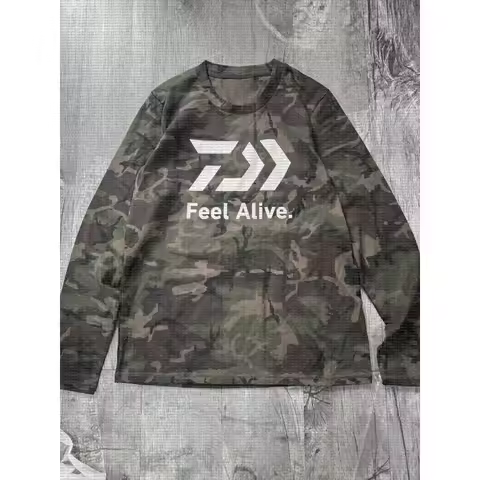 Camouflage Round Neck Long Sleeved T-shirt Men's Outdoor Fishing Top Feel Alive Letter Printed Casua