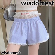 WISDOMEST Striped Shorts, Summer Button Elastic Waist Shorts, Causal Lolita Blue Pink Lace Leggings 
