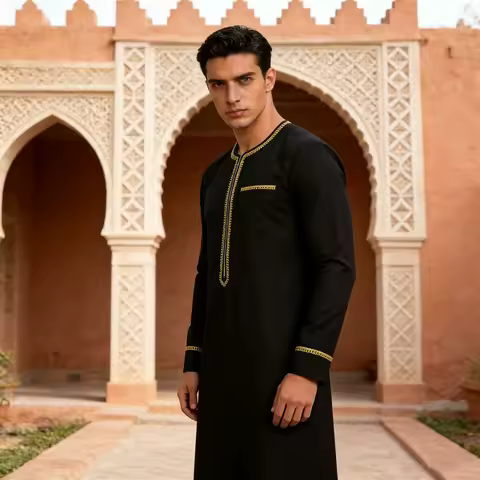 Men's Traditional and Cultural Wear Muslim T Shirt Gold Embroidery Edge Zipper Loose Evening Dress R