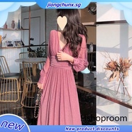 [Ready Stock] Korean V Neck Sparkling Long Dress Waist Design Pleated Temperament Long Sleeve Muslim