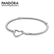 Pandora Silver Snake chain sterling silver bracelet with heart clasp เครื่องประดับ สร้อยข้อมือ สร้อย