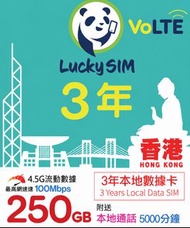 ［全新］LuckySIM  3年電話卡 250GB本地數據 5000分鐘本地通話 數據卡 上網卡