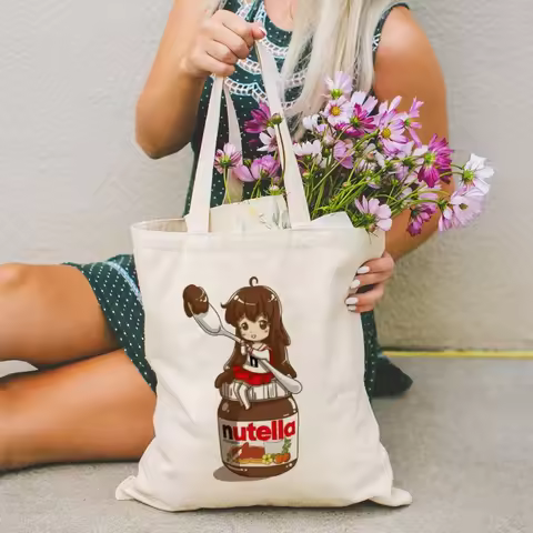 Nutella 90s Harajuku Kawaii Cute Cartoon Women Handbags Canvas Tote Shopping Bags Reusable Shopping 