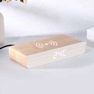 LED Wood Electronic Clock Digital Display Temperature Date Wireless Charging Bamboo Wood Clock Free 