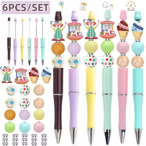 6pcs/set Amusement Park Theme DIY Beaded Pen, Amusement Park Wooden Bead DIY Ballpoint Pen Set, for 