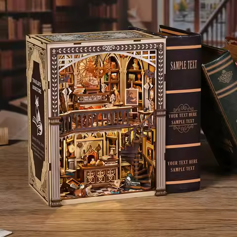 NEW DIY Wooden Book Nook Figurines Miniature Kits Traveler's Bookstore Bookshelf Home Bookend Decora