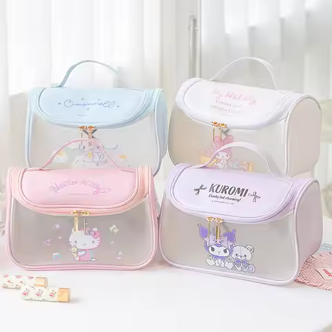 Sanrio PU Leather Cosmetic Bag | Hello Kitty Kuromi My Melody | Large Capacity Travel Toiletry Bag |