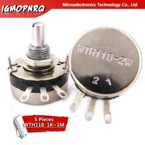 5PCS WTH118 2W 1A Potentiometer 1K 2.2K 4.7K 10K 22K 47K 100K 470K 1M WTH118-2W Round Shaft Carbon R