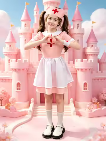 Kids Pink Nurse Costume 3-Piece Dress Nurse Hat Arm Cuff Halloween Career Role Play Cosplay Outfit