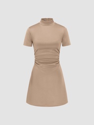 Cider High Neck Ruched Mini Dress