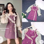 SG087 เดรสบาร์บี้เปิดไหล่ แขนผ้าแก้ว แต่งระบาย แต่งกระดุมสุดหรู ตีเกล็ดเก็บทรงสวยมากๆ