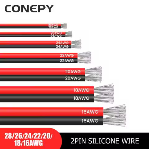 CONEPY 5M 2Pin Silicone Cable 16AWG 18AWG 20AWG 22AWG 24AWG 26AWG 28AWG Red Black Electrical Wire Fo