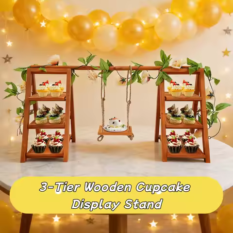 3-Tier Wooden Cupcake & Dessert Display Stand with Swing and Flower Decoration Removable Tray Party 
