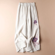SPICYG seluar palazzo perempuan cotton long pants for women Falling feeling cotton and linen embroidery wide-leg pants women's summer new style pants women's loose high waist thin straight casual pants women seluar slack perempuan straight cut