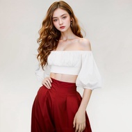 (พร้อมส่ง) Closet Crush Crop off-shoulder top with medium length puffed sleeves (White) เสื้อครอปเปิดไหล่แขนยาวปานกลางแบบพอง