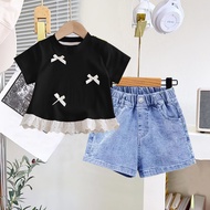 Girls' Lace Ribbon T-Shirt & Cute Jeans Shorts Set Baju Budak Perempuan Kids Outfit Girl Ages 1 2 3 