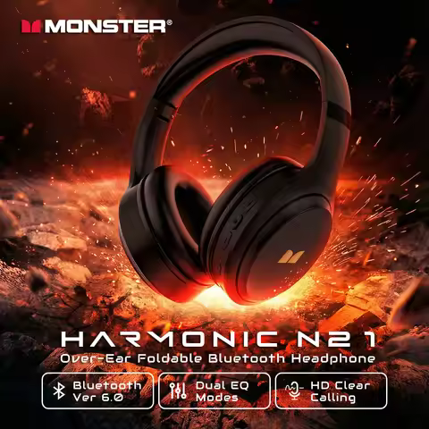 Monster N21 Bluetooth 6.0 Headphones Call Noise Reduction Headset Powerful Deep Bass Over-Ear Wirele