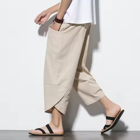 Mens Linen Harem Pants Cropped 7 8 Loose Fit Plus Size Casual Summer Breathable Trousers Mens KK1334