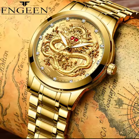 FNGEEN Top Luxury Fashion Ultra-Thin Men Watch Quartz Dragon Pattern Luminous Gold Color Stainless S