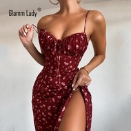 Glamm Lady Floral Print Casual Midi Sexy Party Dresses For Womens Strapless Autumn Summer Dress Club Bodycon Dress Puff Vestidos