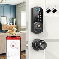 Keyless Entry Door Lock with Handle Set - SMONET Fingerprint Front Door Deadbolt Set with Knobs, Smart Digital Bluetooth Keypad Lockset with Auto Lock, APP, Fobs, Code for Rental, Home, Airbnb, Black