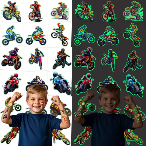 10 Glow-in-the-Dark Motorcycle-Themed Temporary Tattoos, which can be used as themed decorations, gi
