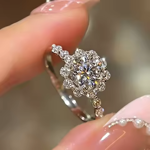 Luxury 18K white Solid Platinum PT950 certifid moissanite D color sunflower 6.5mm one carat ring, ve