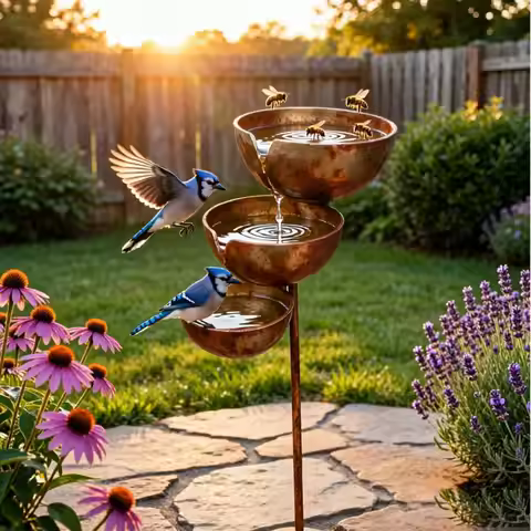 3-Layer Bird Water Bowl Rain Collector & Bird Feeder with Metal Stake Bird Water Feeding Bowl Bird B