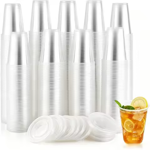 50PCS 12OZ/16OZ/20OZ Disposable Clear Plastic Cups with Lid Cold Drinking Water Cups for Party Weddi
