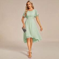 Women's Spring Elegant Ruffle Sleeve Chiffon Sage Green Bridesmaid Formal Dress, Wedding Guest Dress