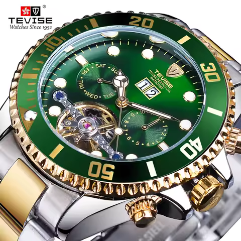 TEVISE Green Dial Tourbillion Gold Bezel Mens Luxury Business Automatic Mechanical Watch Top Brand L