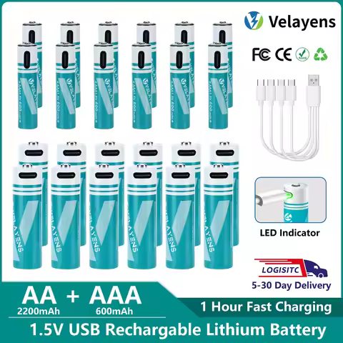 1.5V USB Rechargable Lithium Battery AA 2200mAh + AAA 600mAh Actual Capacity Fast Charging 2000+ Cha