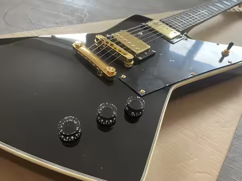 Black Explorer Electric Guitar Gold Hardware HH Pickups Mahogany Body