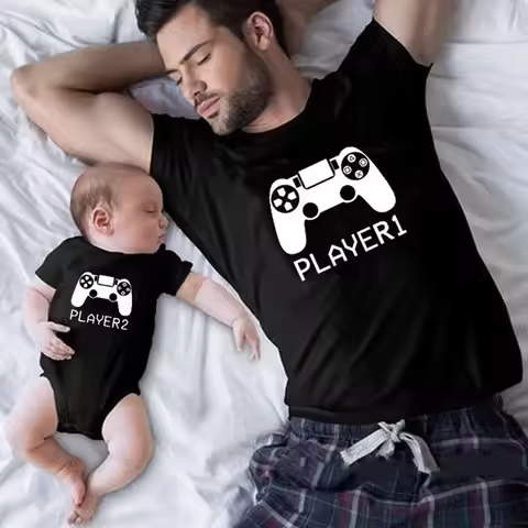 1Pc Player 1 Player 2 Funny Father Son Look Tshirt Summer Short Sleeve T-Shirt For Daddy Baby Bodysu