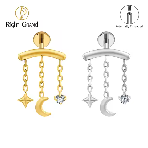 Right Grand ASTM F136 Titanium Hidden Helix Chain Earring 16G Dainty Star Moon CZ Dangle Cartilage S