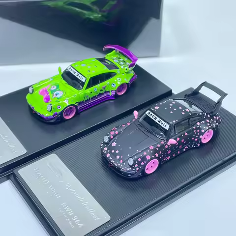 In Stock 1: 64 New Product RWB 964 GT Wing - Pink Cherry Blossom/Magical Eye Green Paint Job - Alloy