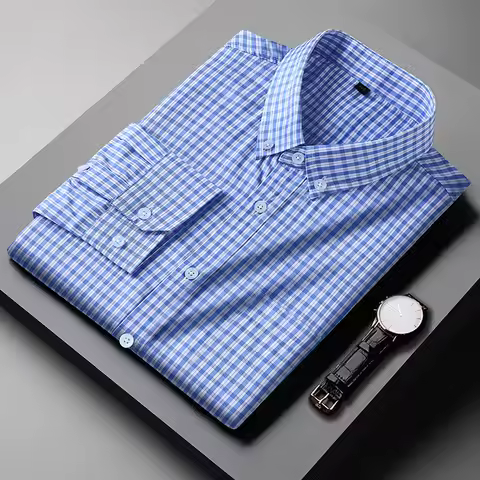 2024 new styles for four seasons Men's plaid long sleeve shirt Cotton business casual striped weddin