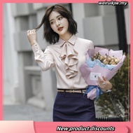 【Real Stock 】women' s long sleeve blouse white slim fit shirt plain office wear tops causal coat