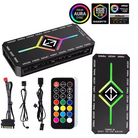 1 To 9 3 in 1 PWM Fan Hub with Remote ARGB Fan HUB Splitter PWM & ARGB Hub Splitter for 5V Addressab