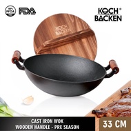 KOCH&BACKEN Cast Iron Wok Flat Bottom With Wooden Handle and Lid 33cm - Wajan Penggorengan Panci Bes
