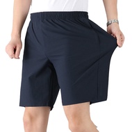 Ruimu ยางยืดขอบกางเกงเอวสูงสำหรับผู้ชายกางเกงขาสั้นมีกระเป๋าติดซิปขากว้างสีทึบกางเกงกีฬาขาสั้น Ice Silk วัยกลางคน