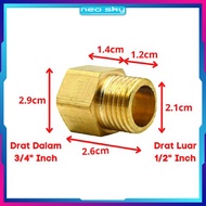 Konverter Adaptor Double Nipple Dobel Nepel 3/4 Inch x 1/2 Inch Drat Luar Dalam Kuningan Brass