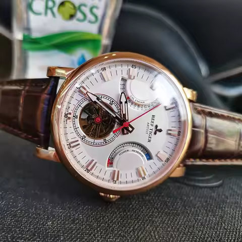 Reef Tiger RT Men's Automatic Watch White Dial Leather Strap with Date And Day Function RGA1950