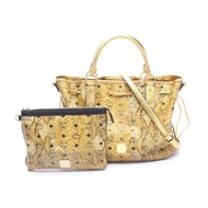 【二手】 MCM Visetos 鉚釘蟒紋壓花兩用手提包 MWD35VG02YW001 黃色金色 PVC 塗層帆布皮革